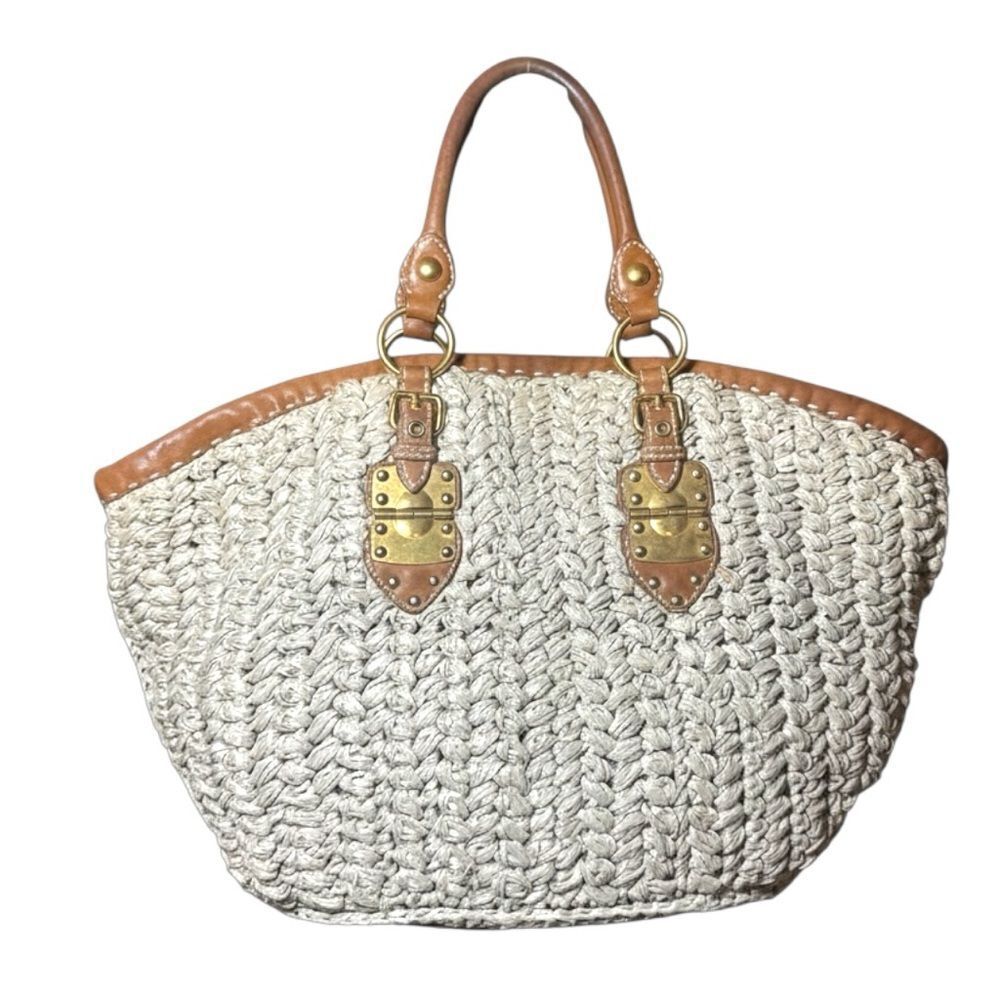 MIU MIU Neutral Straw Woven Large Tote Bag Auth Brown Leather Trim